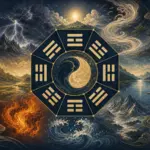 八种卦象围绕阴阳中心，并与天、地、雷、风、水、火、山、泽相连