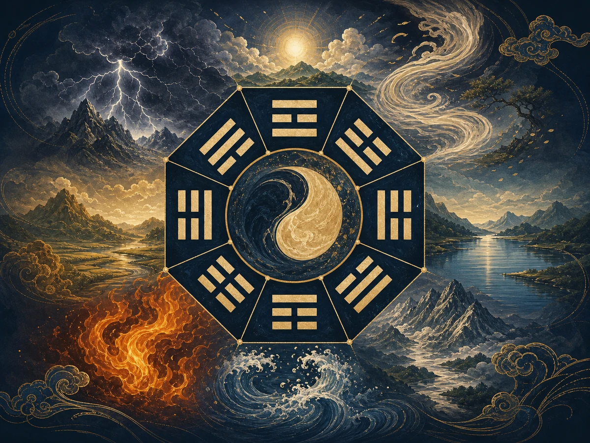 八种卦象围绕阴阳中心,并与天、地、雷、风、水、火、山、泽相连