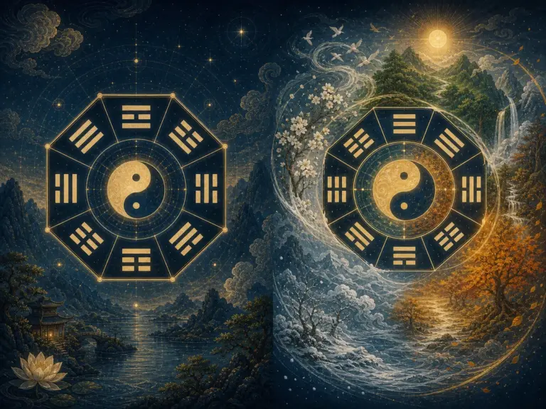 两种不同八卦排列在平衡圆环与流动季节图中对照