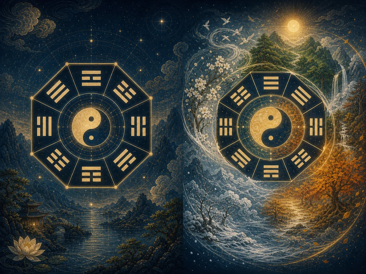两种不同八卦排列在平衡圆环与流动季节图中对照