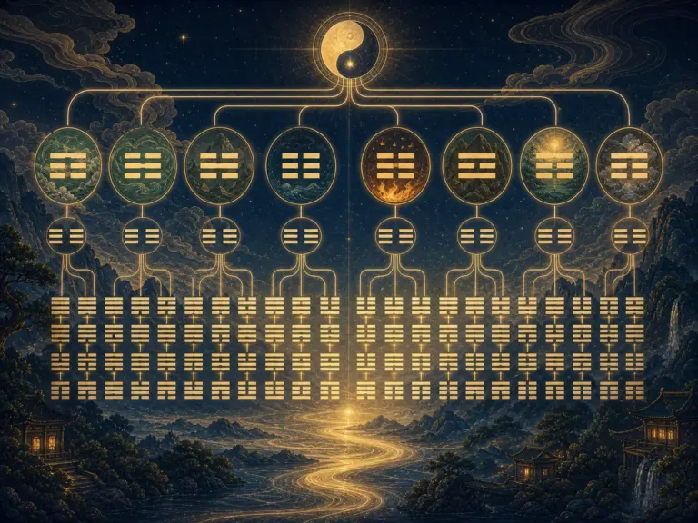 八个基础卦象通过上下组合展开为六十四个结构