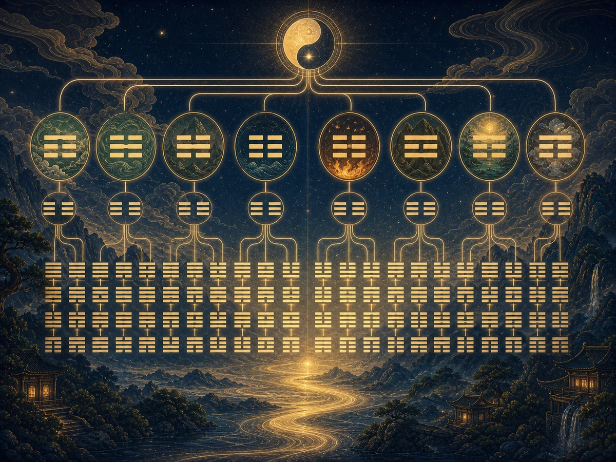 八个基础卦象通过上下组合展开为六十四个结构