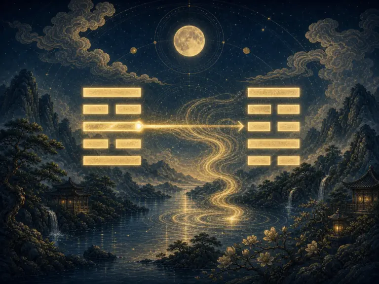 六爻卦中一条爻线发光并转化为另一种状态