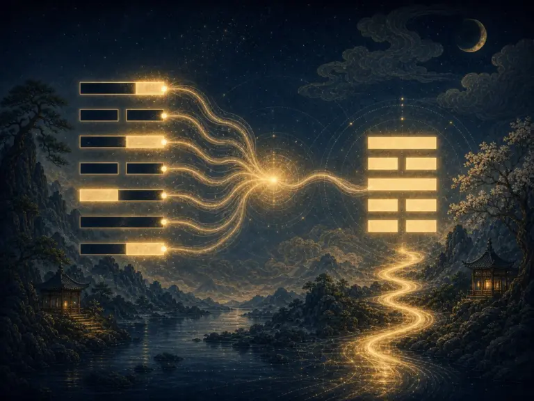 六爻卦中多条爻线依次发光并汇入一条变化路径