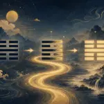 三个六爻卦象沿河流依次变化，象征本卦、互卦和变卦的发展层次