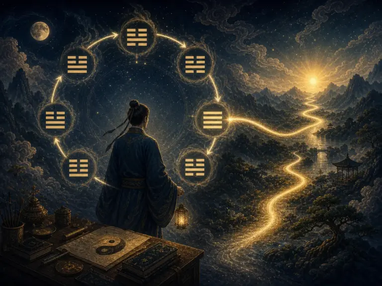 重复循环的卦象旁出现一条通向现实行动的新道路