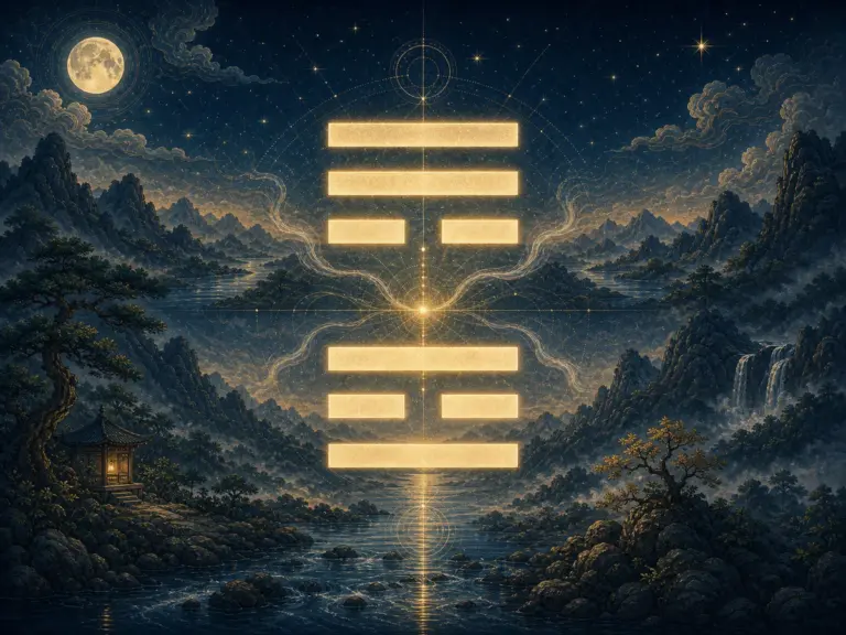 上下两个三爻卦在天地之间形成一幅完整卦象