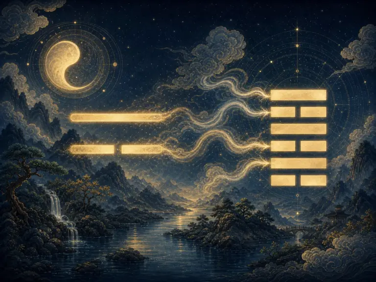 阴爻与阳爻在山水之间交替变化并组成卦象