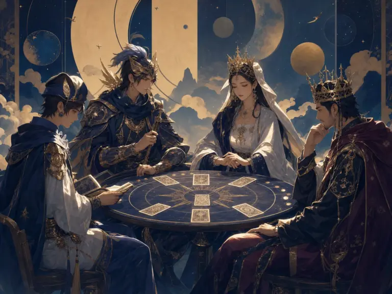 四张塔罗宫廷牌围绕同一主题，象征国王王后骑士和侍从的不同角色