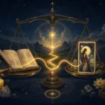 一本牌义笔记与发光塔罗图像在天平两侧保持平衡