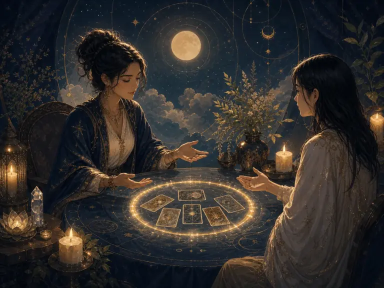 两个人在安静桌前共同看塔罗牌,一盏灯照亮边界线
