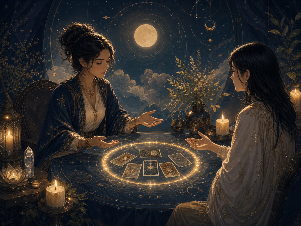 两个人在安静桌前共同看塔罗牌,一盏灯照亮边界线