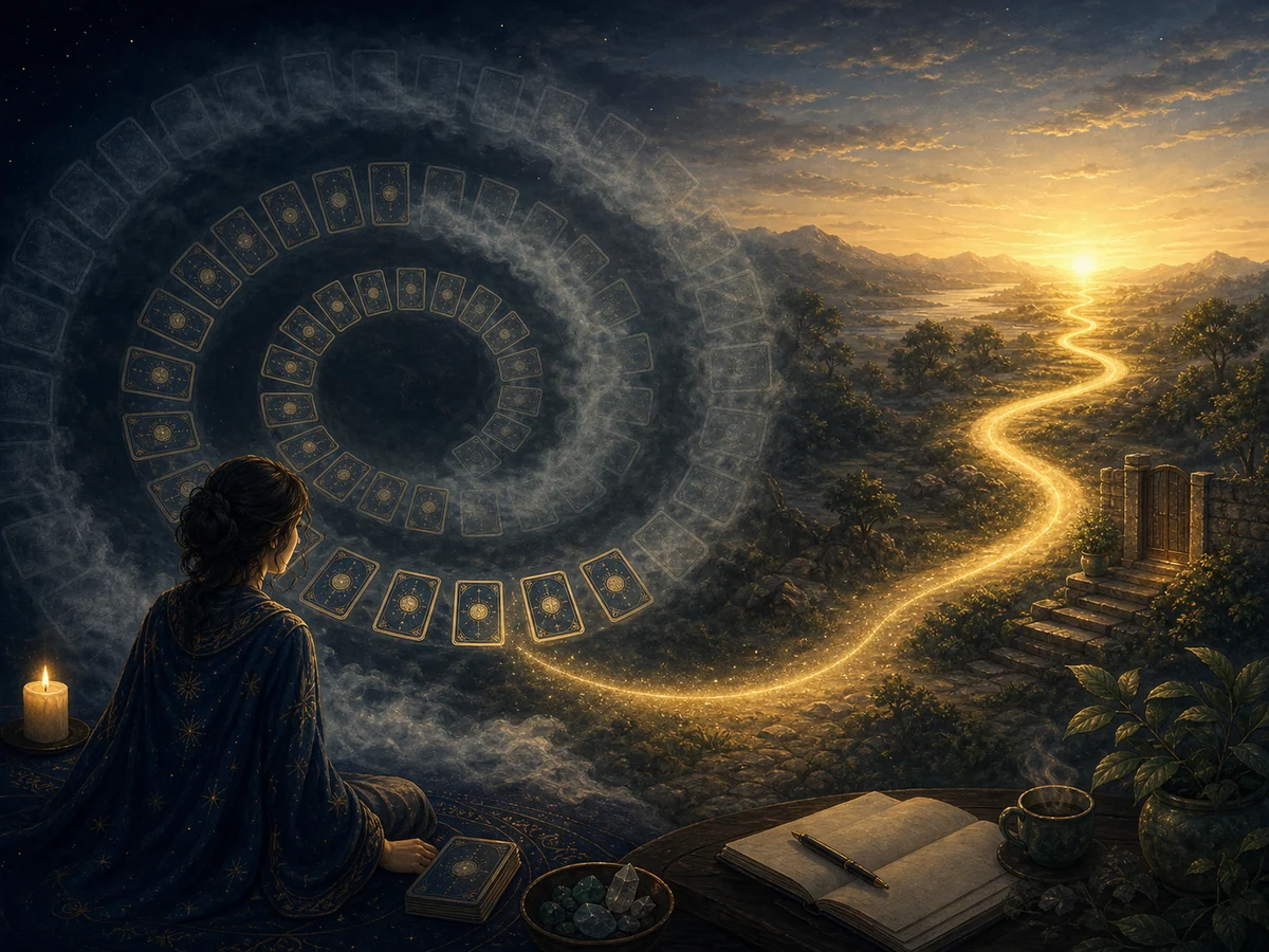同一张塔罗牌在循环路径中反复出现,旁边有一条通向行动的新道路