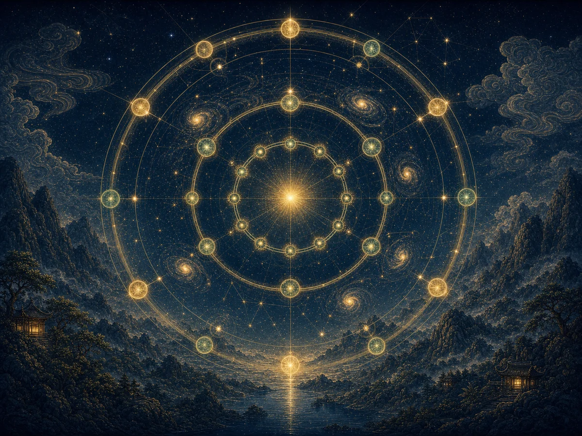 星盘中长期轨道、十年轨道与一年轨道依次展开