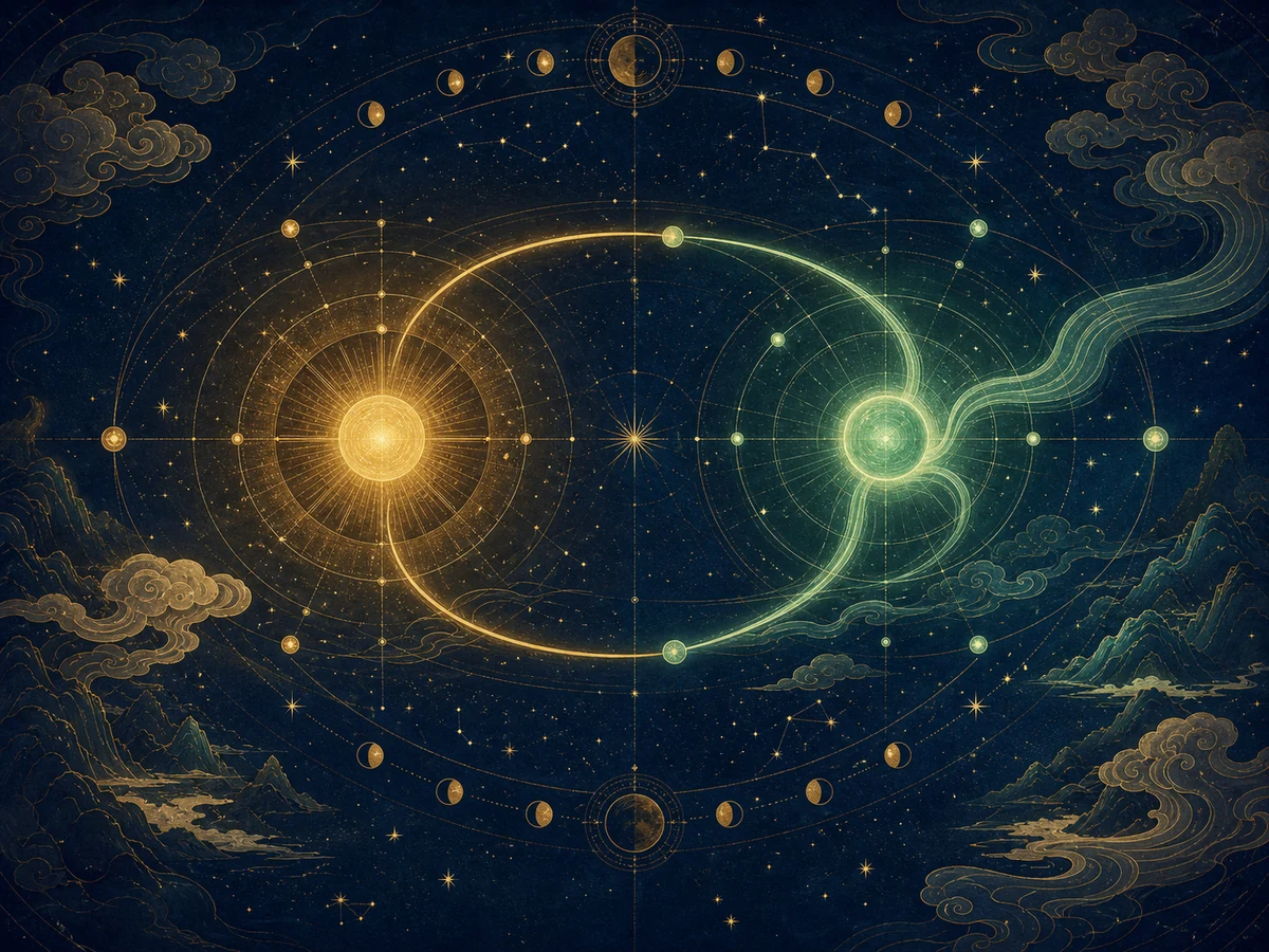 星图中的金色与玉色双重中心,象征紫微斗数命宫与身宫