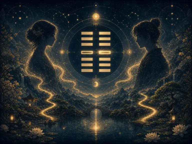 两条关系路径在卦象光线中靠近并保持清晰边界