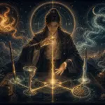 魔术师在桌前整合四元素工具并点亮行动光线
